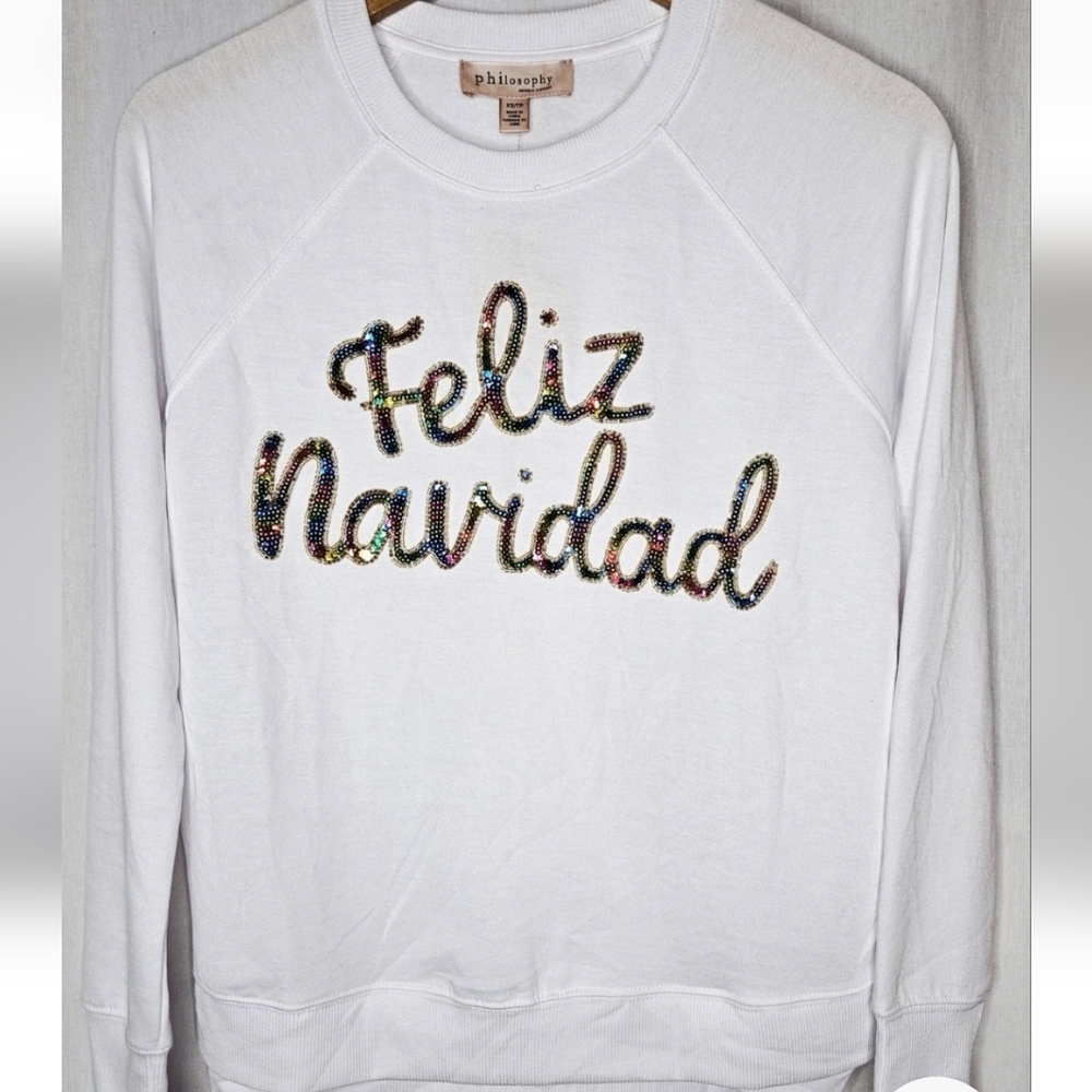 Philosophy White Sequin Feliz Navidad Sweatshirt